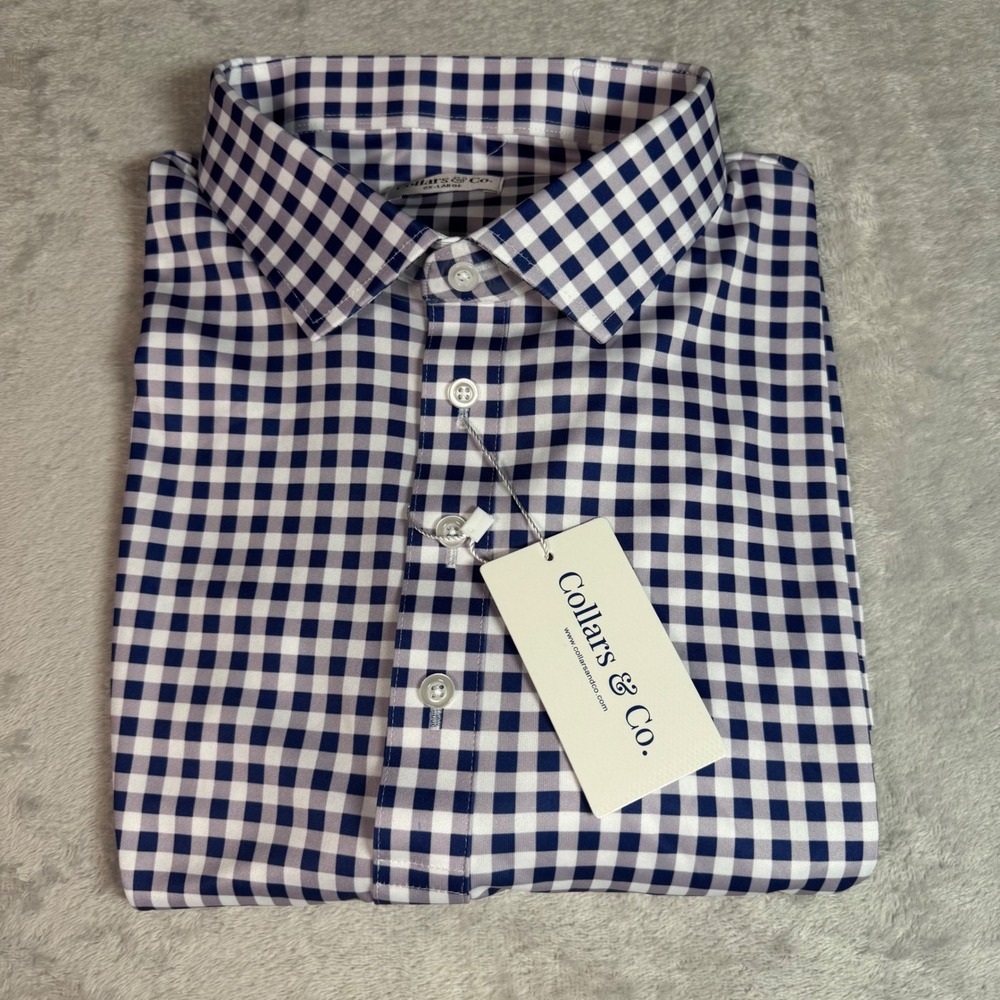 NWT Collars & Co Mens Dress Collar Polo Shirt 2XL Purple White Gingham Golf